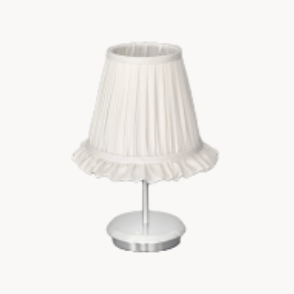 A small white table lamp with a pleated shade.